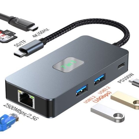 Adapter USB C (7w1) HDMI USB SD/TF RJ45 (2500 Mbps) PD Adapter USB C (7w1) HDMI USB SD/TF RJ45 (2500 Mbps) PD