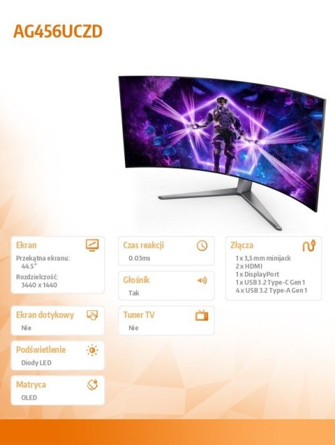 Monitor AG456UCZD 44.5'' Curved OLED 240Hz HDMIx2 DP USB-C HAS Głośniki Monitor AG456UCZD 44.5'' Curved OLED 240Hz HDMIx2 DP USB-C HAS Głośniki