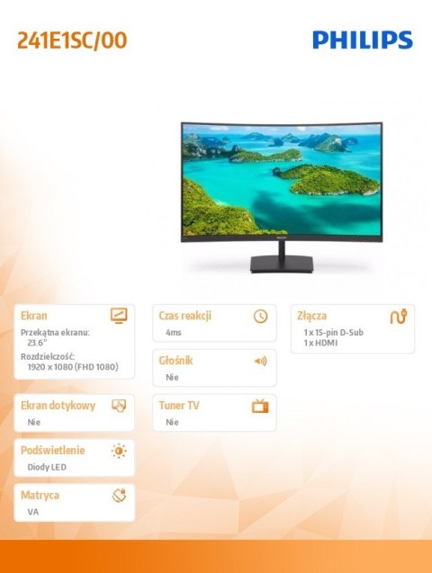 Monitor 241E1SC 23.6 cala Curved VA HDMI Freesync Monitor 241E1SC 23.6 cala Curved VA HDMI Freesync