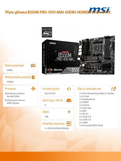 Płyta główna B550M PRO-VDH AM4 4DDR4 HDMI/DP/VGA mATX Płyta główna B550M PRO-VDH AM4 4DDR4 HDMI/DP/VGA mATX