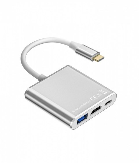 Adapter HUB USB C 3w1 - HDMI, USB, PD srebrny Adapter HUB USB C 3w1 - HDMI, USB, PD srebrny