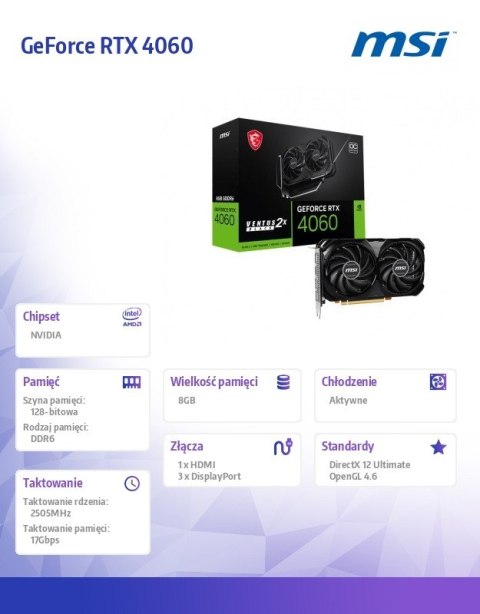 Karta graficzna GeForce RTX 4060 Ventus 2X Black OC 8GB GDDR6 128bit Karta graficzna GeForce RTX 4060 Ventus 2X Black OC 8GB GDDR6 128bit