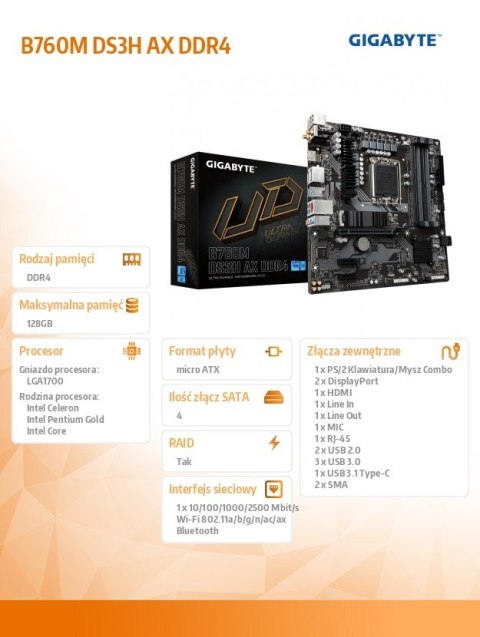 Płyta główna B760M DS3H AX DDR4 s1700 4DDR4 HDMI mATX Płyta główna B760M DS3H AX DDR4 s1700 4DDR4 HDMI mATX