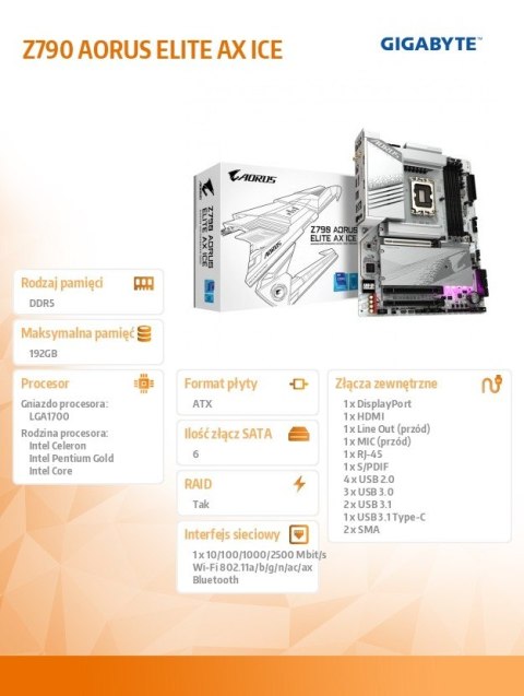 Płyta główna Z790 AORUS ELITE AX ICE S1700 4DDR5 USB/DP ATX Płyta główna Z790 AORUS ELITE AX ICE S1700 4DDR5 USB/DP ATX