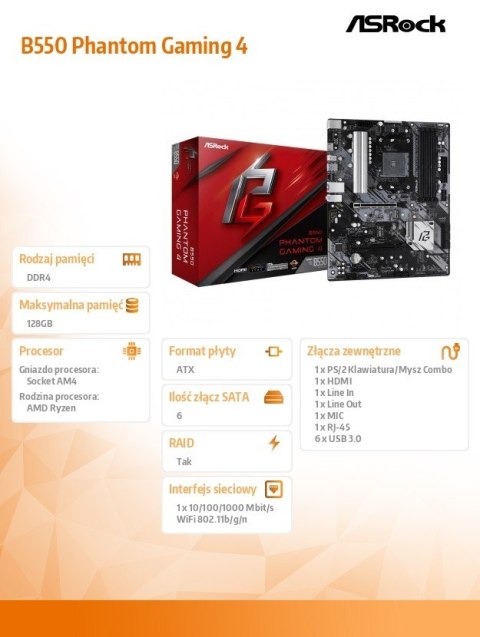 Płyta główna B550 Phantom Gaming 4 AM4 4DDR4 HDMI M.2 ATX Płyta główna B550 Phantom Gaming 4 AM4 4DDR4 HDMI M.2 ATX