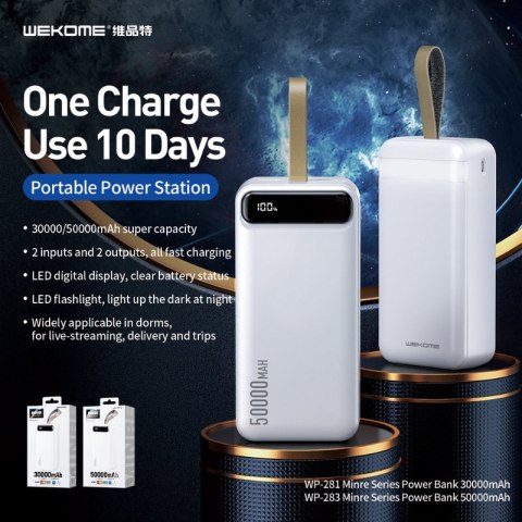 WEKOME WP-283 Minre Series - Power bank 50000 mAh Fast Charging 2x USB-A 10W + latarka LED (Biały) WEKOME WP-283 Minre Series - Power bank 50000 mAh Fast Charging 2x USB-A 10W + latarka LED (Biały)