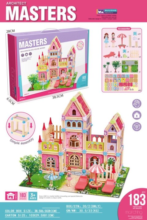Drewniany Domek Księżniczek z Klocków 183 el. dla dzieci 3+ Elementy konstrukcyjne + 2 Figurki Księżniczek + Akcesoria Drewniany Domek Księżniczek z Klocków 183 el. dla dzieci 3+ Elementy konstrukcyjne + 2 Figurki Księżniczek + Akcesoria