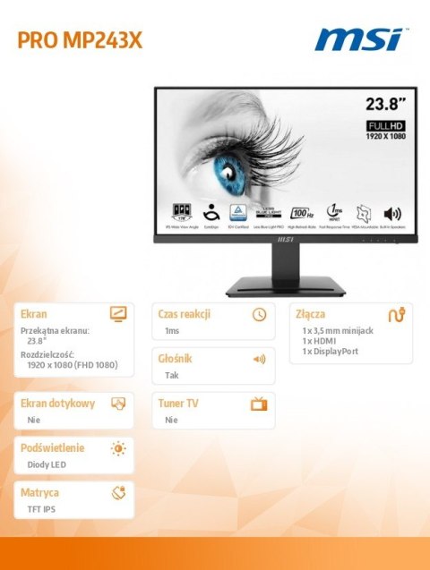 Monitor PRO MP243X 24 cale/LED/FHD/Flat/100Hz/Black Monitor PRO MP243X 24 cale/LED/FHD/Flat/100Hz/Black