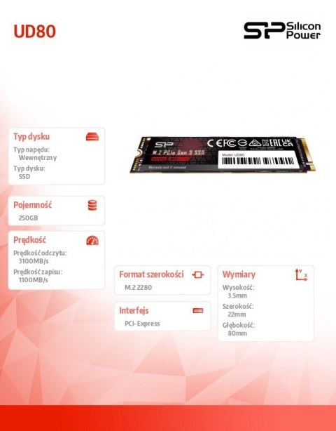 Dysk SSD UD80 250GB PCIe M.2 2280 Gen 3x4 3100/1100 MB/s Dysk SSD UD80 250GB PCIe M.2 2280 Gen 3x4 3100/1100 MB/s