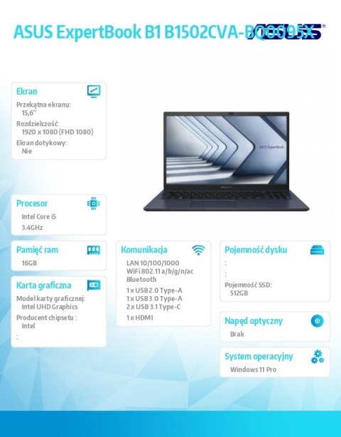 Notebook ExpertBook B1 B1502CVA-BQ0095X - i5-1335U/16GB/512GB/15.6" FHD/Win 11 PRO/3YRS