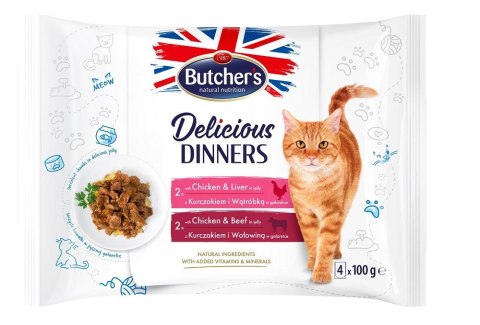 BUTCHER'S Delicious Dinners Kurczak z Wątróbką, Kurczak z Wołowiną - mokra karma dla kota - 4 x 100 g BUTCHER'S Delicious Dinners Kurczak z Wątróbką, Kurczak z Wołowiną - mokra karma dla kota - 4 x 100 g