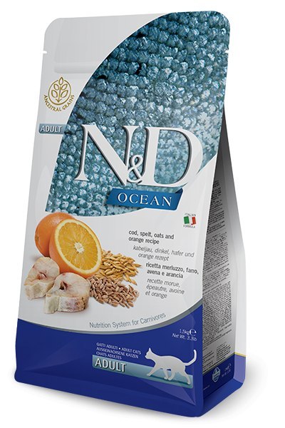 FARMINA N&D Ocean Cod, Spelt, Oats & Orange Adult - sucha karma dla kota - 1,5kg FARMINA N&D Ocean Cod, Spelt, Oats & Orange Adult - sucha karma dla kota - 1,5kg