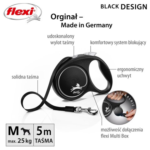 Smycz flexi automatyczna Black Design M taśma 5 m - dla psa do 25 kg, kolor srebrny Smycz flexi automatyczna Black Design M taśma 5 m - dla psa do 25 kg, kolor srebrny