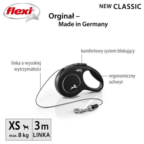 Smycz flexi automatyczna New Classic XS linka 3 m - dla psa do 8 kg, kolor czarny Smycz flexi automatyczna New Classic XS linka 3 m - dla psa do 8 kg, kolor czarny
