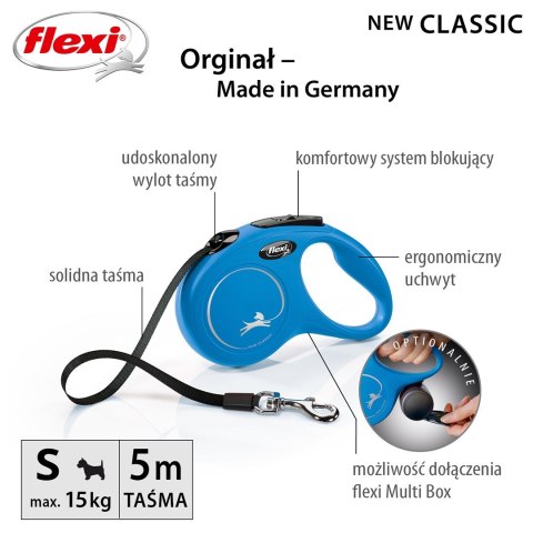 Smycz flexi automatyczna New Classic S taśma 5 m - dla psa do 15 kg, kolor niebieski Smycz flexi automatyczna New Classic S taśma 5 m - dla psa do 15 kg, kolor niebieski