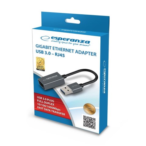 ESPERANZA GIGABIT ETHERNET 1000 MBPS ADAPTER USB 3.0-RJ45 ENA101 ESPERANZA GIGABIT ETHERNET 1000 MBPS ADAPTER USB 3.0-RJ45 ENA101