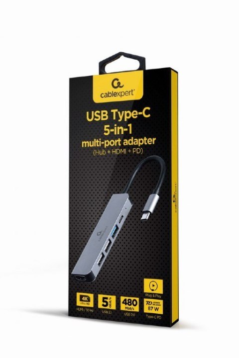 GEMBIRD MULTI ADAPTER USB TYP-C 5W1 (HUB + HDMI + PD) SREBRNY GEMBIRD MULTI ADAPTER USB TYP-C 5W1 (HUB + HDMI + PD) SREBRNY