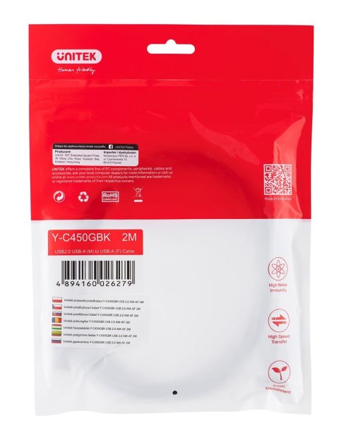 UNITEK PRZEDŁUŻACZ USB 2.0, AM-AF, 2M, Y-C450GBK UNITEK PRZEDŁUŻACZ USB 2.0, AM-AF, 2M, Y-C450GBK