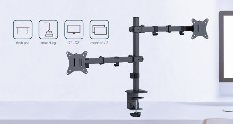 GEMBIRD BIURKOWE REGULOWANE RAMIĘ/UCHWYT NA 2 MONITORY 17-32, VESA 100X100MM, DO 9 KG GEMBIRD BIURKOWE REGULOWANE RAMIĘ/UCHWYT NA 2 MONITORY 17-32, VESA 100X100MM, DO 9 KG