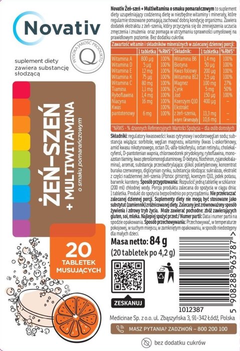 Novativ Żeń-szeń + Multiwitamina 20tabl. musujących Novativ Żeń-szeń + Multiwitamina 20tabl. musujących