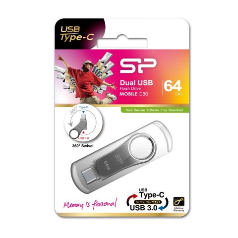 Pendrive Silicon Power Mobile C80 64GB Dual USB 3.1/Type-C Silver (SP064GBUC3C80V1S) Pendrive Silicon Power Mobile C80 64GB Dual USB 3.1/Type-C Silver (SP064GBUC3C80V1S)