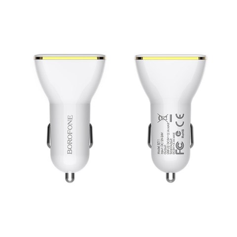 Borofone - ładowarka samochodowa 2x USB z wyświetlaczem LED, biały Borofone - ładowarka samochodowa 2x USB z wyświetlaczem LED, biały