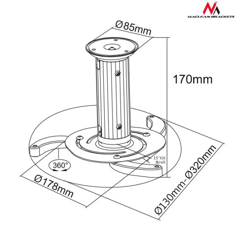 Uchwyt sufitowy do projektora Maclean MC-515 (80 mm - 170 mm; 10 kg; kolor srebrny, kolor szary) Uchwyt sufitowy do projektora Maclean MC-515 (80 mm - 170 mm; 10 kg; kolor srebrny, kolor szary)
