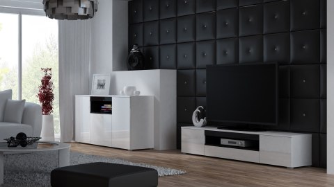 Szafka RTV VIVA 180 biały/ biały połysk+ czarny Szafka RTV VIVA 180 biały/ biały połysk+ czarny