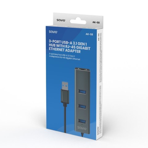 Hub AK-58 3-portowy USB-A 3.1 Gen 1 z adapterem RJ-45 Gigabit Ethernet, Ak-58