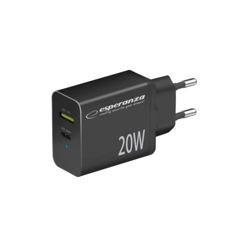 ESPERANZA ŁADOWARKA SIECIOWA 20W USB-C PD 20W / USB-A QC 3.0 18W CZARNA EZC105K ESPERANZA ŁADOWARKA SIECIOWA 20W USB-C PD 20W / USB-A QC 3.0 18W CZARNA EZC105K