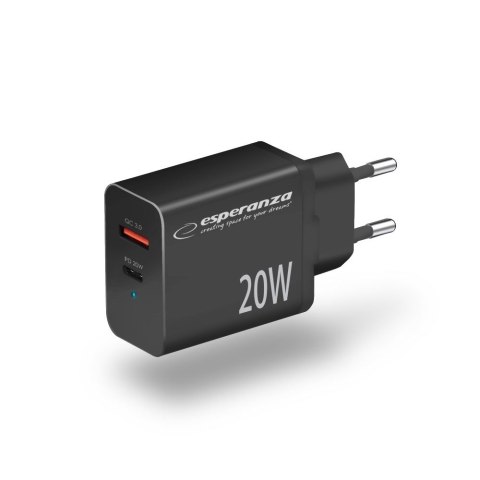 ESPERANZA ŁADOWARKA SIECIOWA 20W USB-C PD 20W / USB-A QC 3.0 18W CZARNA EZC105K ESPERANZA ŁADOWARKA SIECIOWA 20W USB-C PD 20W / USB-A QC 3.0 18W CZARNA EZC105K
