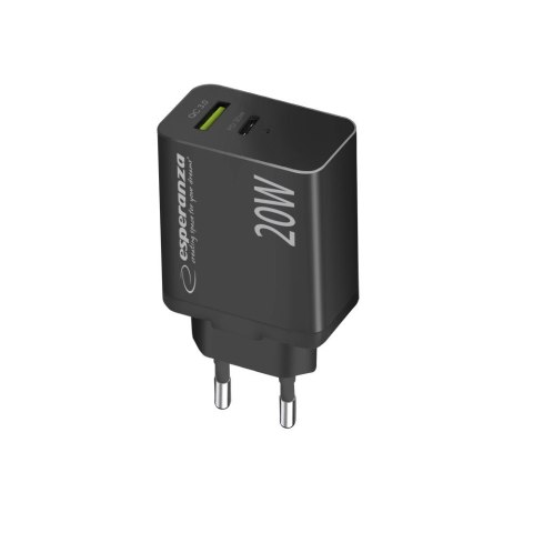 ESPERANZA ŁADOWARKA SIECIOWA 20W USB-C PD 20W / USB-A QC 3.0 18W CZARNA EZC105K ESPERANZA ŁADOWARKA SIECIOWA 20W USB-C PD 20W / USB-A QC 3.0 18W CZARNA EZC105K