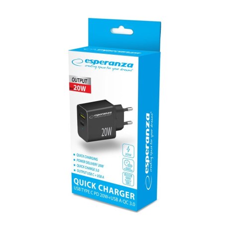 ESPERANZA ŁADOWARKA SIECIOWA 20W USB-C PD 20W / USB-A QC 3.0 18W CZARNA EZC105K ESPERANZA ŁADOWARKA SIECIOWA 20W USB-C PD 20W / USB-A QC 3.0 18W CZARNA EZC105K