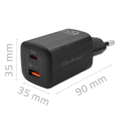 QOLTEC ŁADOWARKA SIECIOWA 65W GAN ULTRA | 5-20V | 2.25-3.25A | 1 X USB TYP C PD | 1 X USB QC 3.0 | CZARNA QOLTEC ŁADOWARKA SIECIOWA 65W GAN ULTRA | 5-20V | 2.25-3.25A | 1 X USB TYP C PD | 1 X USB QC 3.0 | CZARNA