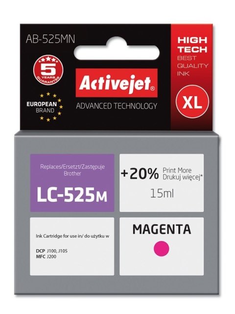 Activejet AB-525MN Tusz (zamiennik Brother LC525M; Supreme; 15 ml; czerwony). Drukuje więcej o 20%.względem OEM. Activejet AB-525MN Tusz (zamiennik Brother LC525M; Supreme; 15 ml; czerwony). Drukuje więcej o 20%.względem OEM.