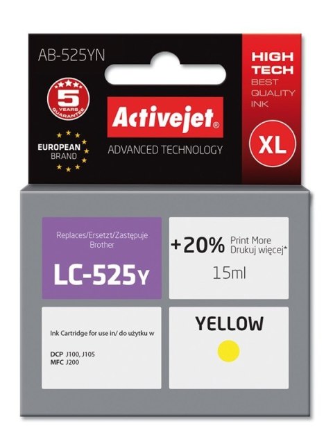 Activejet AB-525YN Tusz (zamiennik Brother LC525Y; Supreme; 15 ml; żółty) Activejet AB-525YN Tusz (zamiennik Brother LC525Y; Supreme; 15 ml; żółty)