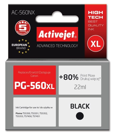 Activejet AC-560NX Tusz (zamiennik Canon PG-560XL; Supreme; 22 ml; czarny) Activejet AC-560NX Tusz (zamiennik Canon PG-560XL; Supreme; 22 ml; czarny)