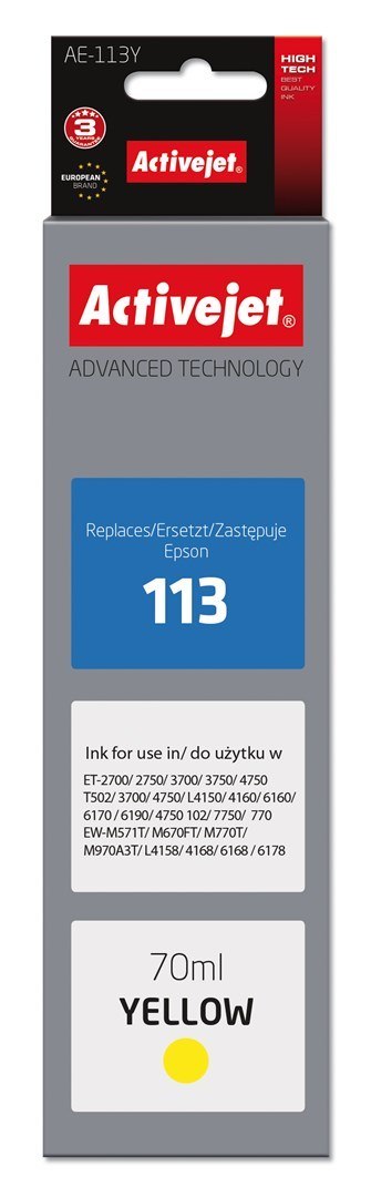 Activejet AE-113Y Tusz (zamiennik Epson 113 C13T06B440; Supreme;70ml; żółty) Activejet AE-113Y Tusz (zamiennik Epson 113 C13T06B440; Supreme;70ml; żółty)