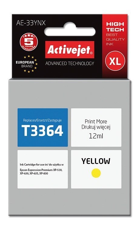 Activejet AE-33YNX Tusz (zamiennik Epson 33XL T3364; Supreme; 12 ml; żółty) Activejet AE-33YNX Tusz (zamiennik Epson 33XL T3364; Supreme; 12 ml; żółty)