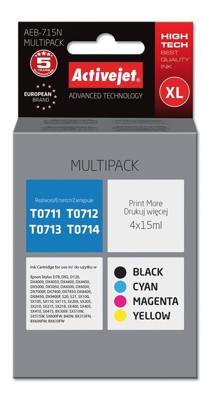 Activejet AEB-715N Tusz (zamiennik Epson T0715; Supreme; 4 x 15 ml; czarny, czerwony, niebieski, żółty) Activejet AEB-715N Tusz (zamiennik Epson T0715; Supreme; 4 x 15 ml; czarny, czerwony, niebieski, żółty)