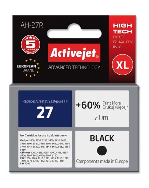 Activejet AH-27R Tusz (zamiennik HP 27 C8727A; Premium; 20 ml; czarny) Activejet AH-27R Tusz (zamiennik HP 27 C8727A; Premium; 20 ml; czarny)