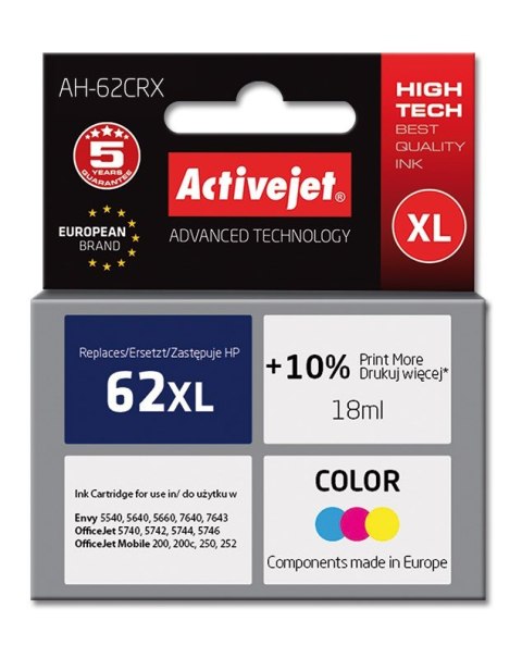 Activejet AH-62CRX Tusz (zamiennik HP 62XL C2P07AE; Premium; 18 ml; kolor) Activejet AH-62CRX Tusz (zamiennik HP 62XL C2P07AE; Premium; 18 ml; kolor)