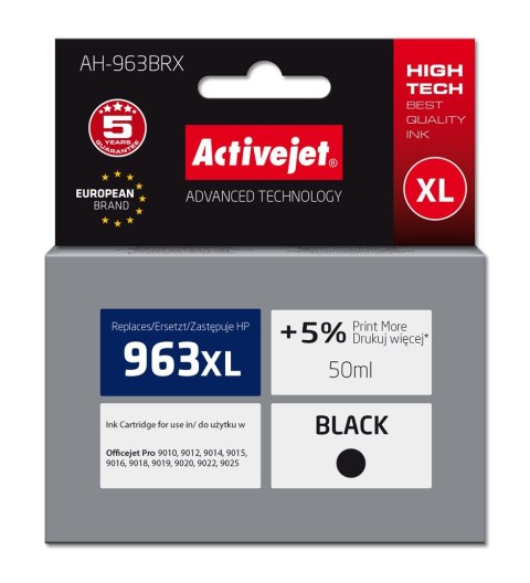 Activejet AH-963BRX Tusz (zamiennik HP 963XL 3JA30AE; Premium; 2100 stron; 50 ml, czarny) Activejet AH-963BRX Tusz (zamiennik HP 963XL 3JA30AE; Premium; 2100 stron; 50 ml, czarny)
