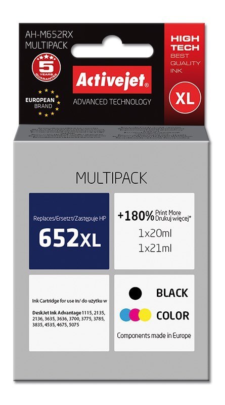 Activejet AH-M652RX Tusz (zamiennik HP 652 F6V25AE/F6V24AE; Premium; 1 x 20 ml, 1 x 21 ml; 1580 stron, czarny, kolor) Activejet AH-M652RX Tusz (zamiennik HP 652 F6V25AE/F6V24AE; Premium; 1 x 20 ml, 1 x 21 ml; 1580 stron, czarny, kolor)