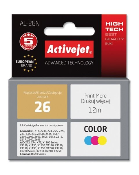 Activejet AL-26N Tusz (zamiennik Lexmark 26 10N0026; Supreme; 12 ml; kolor) Activejet AL-26N Tusz (zamiennik Lexmark 26 10N0026; Supreme; 12 ml; kolor)