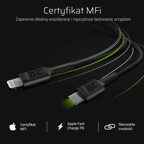 Green Cell Power Stream - Kabel Przewód USB-C - Lightning 100 cm ze wsparciem Power Delivery (Apple certyfikat MFi Certified) Green Cell Power Stream - Kabel Przewód USB-C - Lightning 100 cm ze wsparciem Power Delivery (Apple certyfikat MFi Certified)