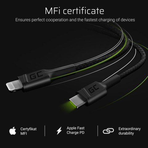 Green Cell Power Stream - Kabel Przewód USB-C - Lightning 100 cm ze wsparciem Power Delivery (Apple certyfikat MFi Certified) Green Cell Power Stream - Kabel Przewód USB-C - Lightning 100 cm ze wsparciem Power Delivery (Apple certyfikat MFi Certified)