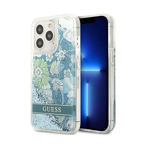 Guess Liquid Glitter Flower - Etui iPhone 13 Pro Max (niebieski/zielony)