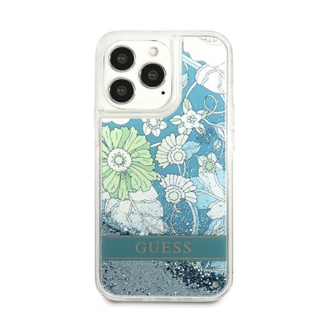 Guess Liquid Glitter Flower - Etui iPhone 13 Pro Max (niebieski/zielony)