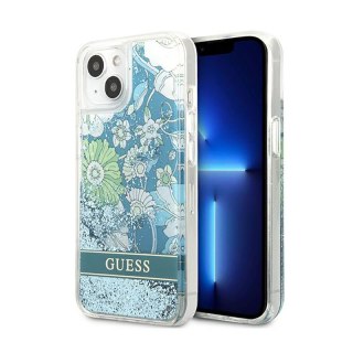 Guess Liquid Glitter Flower - Etui iPhone 13 mini (niebieski/zielony)